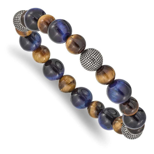 Image of Chisel Stainless Steel Antiqued and Polished 8-10mm Brown and Blue Tigers Eye Beaded Stretch Bracelet