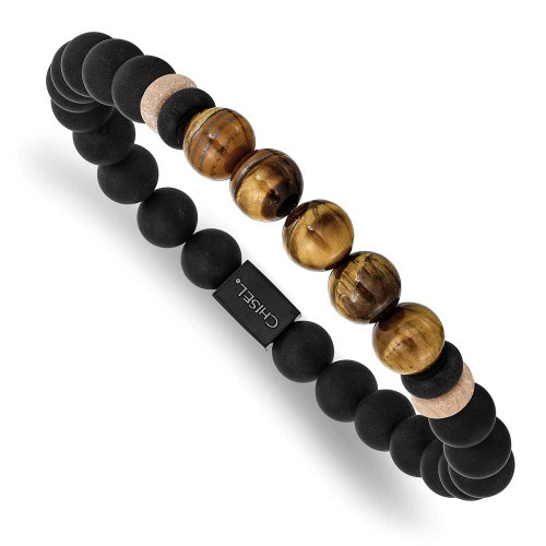 Image of Chisel Stainless Steel Brushed Black IP-plated 8mm Black Agate and Tigers Eye Beaded Stretch Bracelet