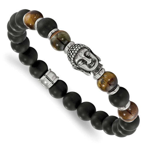 Image of Chisel Stainless Steel Antiqued and Polished Buddha 8mm Black Agate and Tigers Eye Beaded Stretch Bracelet