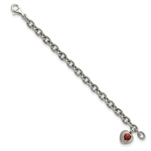 Shey Couture Sterling Silver with 14K Accent 7.25 Inch Antiqued Checkerboard Garnet Heart Link Bracelet