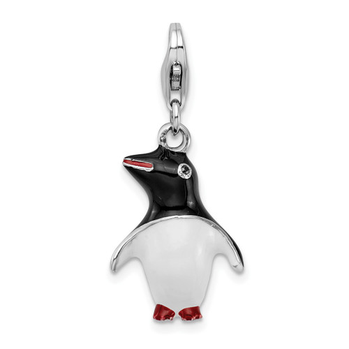 Amore La Vita Sterling Silver Rhodium-plated Polished 3-D Enameled Penguin Charm with Fancy Lobster Clasp