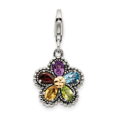 Shey Couture Sterling Silver with 14K Accent Antiqued Pear Shaped Amethyst Citrine Blue Topaz Peridot and Garnet Multicolored Gemstone Flower with Lobster Clasp Charm