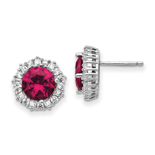 Image of 13.25mm Cheryl M Sterling Silver Rhodium-plated Brilliant-cut Lab Created Ruby and Brilliant-cut/Baguette-cut White CZ Post Earrings
