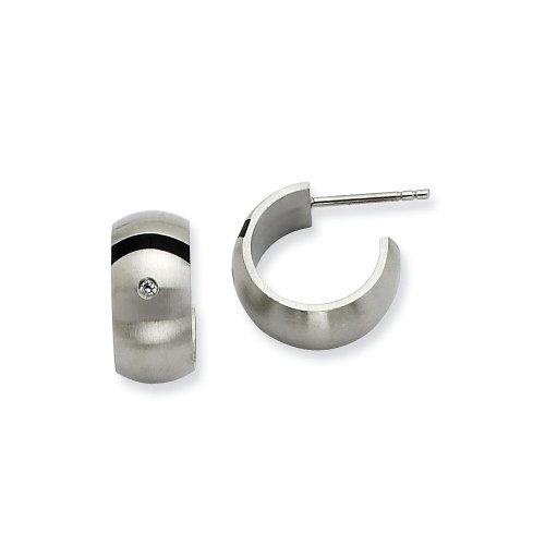 12mm Stainless Steel Brushed Black Rubber w/ CZ Post Hoop Earrings