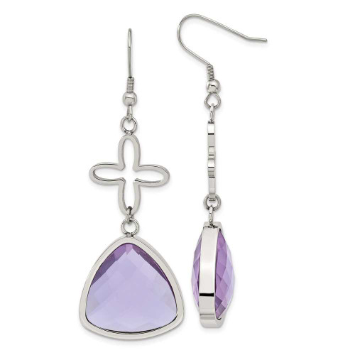 Image of 69mm Stainless Steel Polished Flower Purple Glass Shepherd Hook Earrings