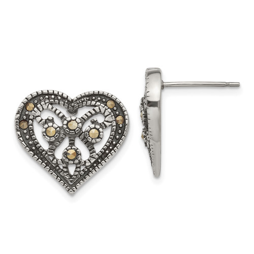 15mm Stainless Steel Antiqued Polished & Textured Marcasite Heart Post Earrings