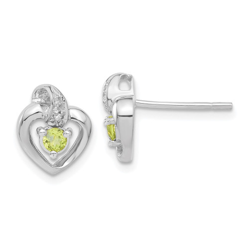 11.1mm 14k White Gold Diamond & Peridot August Birthstone Heart Earrings