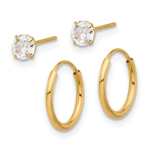 Image of 14K Yellow Gold Polished CZ Studs and Small Endless Hoop Earrings Set