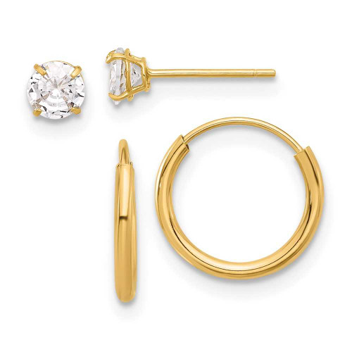 Image of 14K Yellow Gold Polished CZ Studs and Small Endless Hoop Earrings Set
