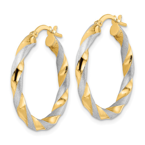 27mm 14K Yellow Gold w/White Rhodium Brushed and Polished Twisted Hoop Earrings