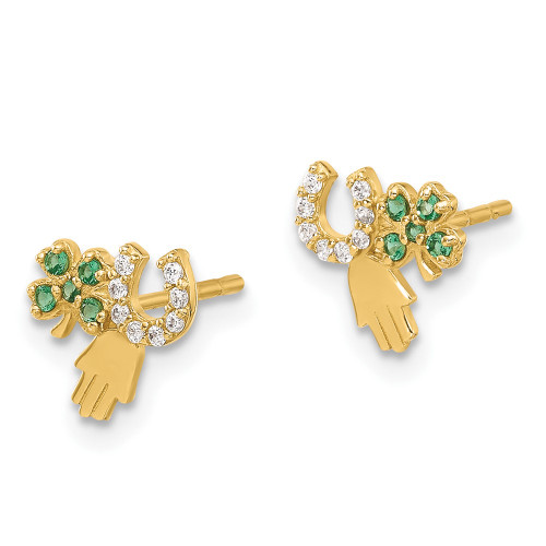 7.7mm 14K Yellow Gold Green and Clear CZ Clover Horseshoe and Hamsa Post Earrings