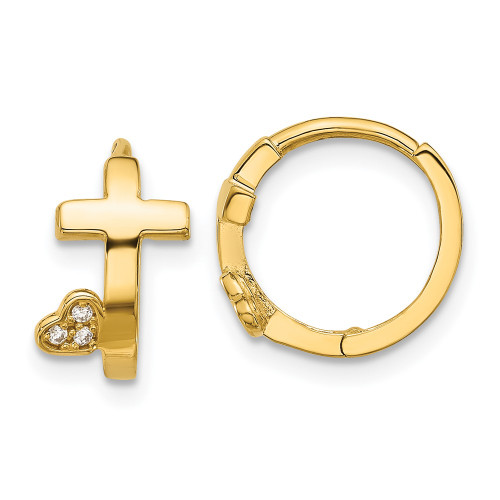 12mm 14K Yellow Gold Madi K Polished Cross w/CZ Heart Hinged Huggie Hoop Earrings