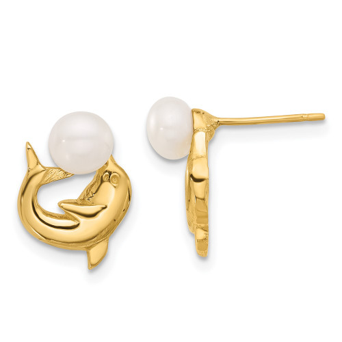 12.6mm 14K Yellow Gold 5-6mm Button White Freshwater Cultured Pearl Dolphin Post Earrings