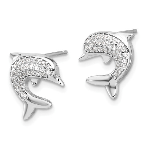 13.7mm Sterling Silver Rhodium-plated CZ Dolphin Post Earrings QE17561