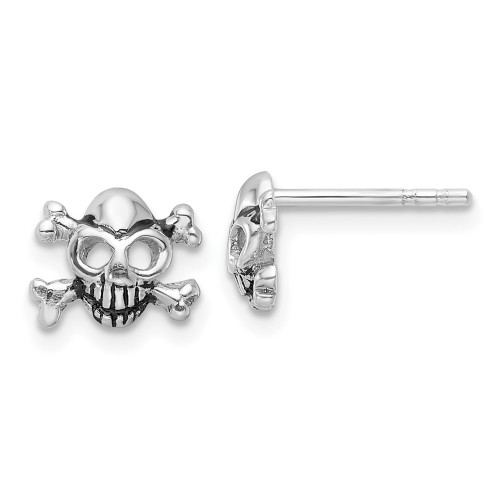 7.2mm Sterling Silver Rhodium-plated Antiqued Skull and Crossbones Post Earrings QE17612