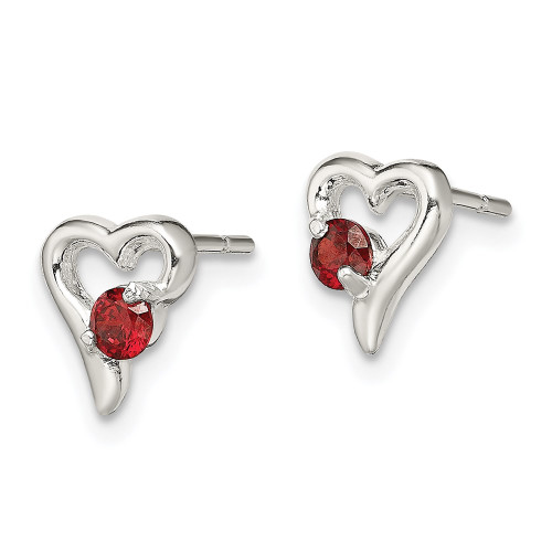 9mm Sterling Silver Polished Red CZ Heart Post Earrings