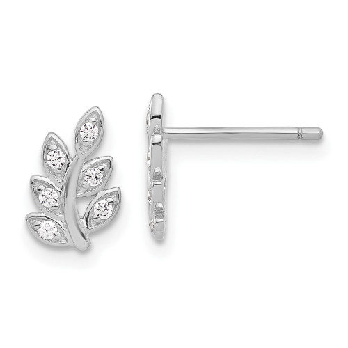 9.5mm Sterling Silver Rhodium-plated CZ Leaf Post Earrings