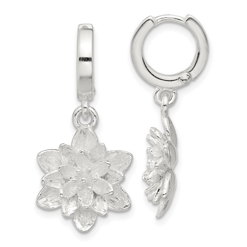 29.6mm Sterling Silver Lotus Flower Dangle Hinged Hoop Earrings