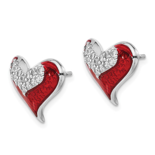 14mm Sterling Silver Polished Red Enamel CZ Heart Post Earrings