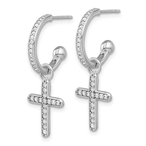 Image of Sterling Silver Polished CZ Dangle Cross Hoop Post Earrings