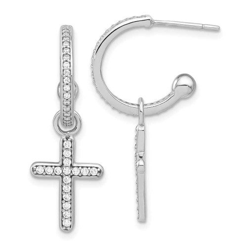 Image of Sterling Silver Polished CZ Dangle Cross Hoop Post Earrings