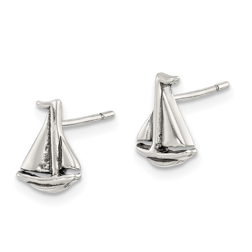 10mm Sterling Silver Polished and Antiqued Sailboat Post Earrings