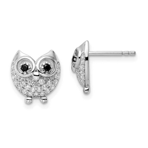 Image of 12.3mm Sterling Silver Rhodium-plated Black & White CZ Owl Earrings