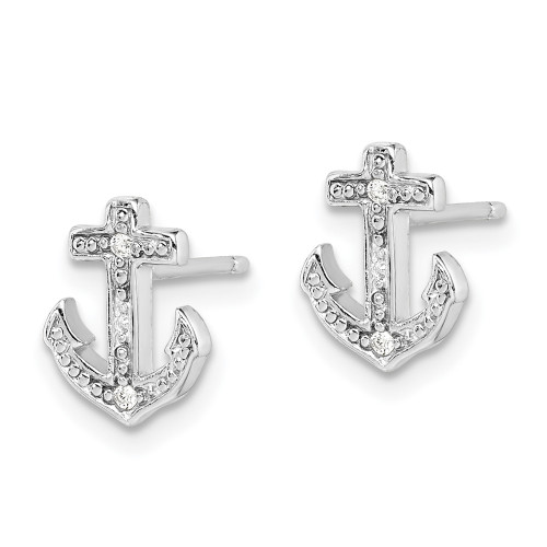 11mm Sterling Silver Rhodium-plated Polished CZ Anchor Post Earrings