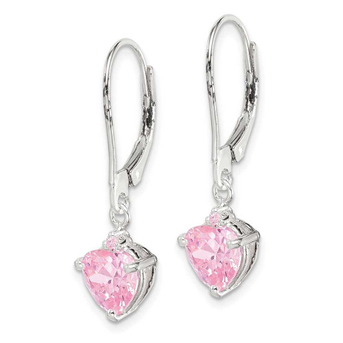 Image of 28mm Sterling Silver Polished Pink CZ Heart Leverback Dangle Earrings