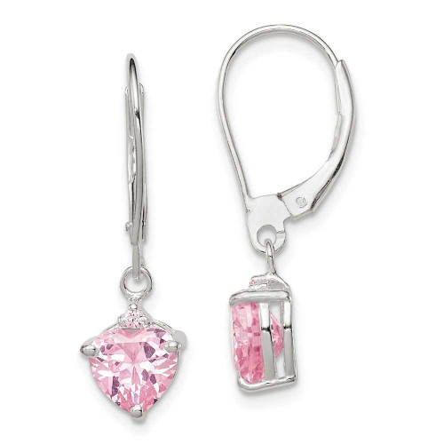 Image of 28mm Sterling Silver Polished Pink CZ Heart Leverback Dangle Earrings