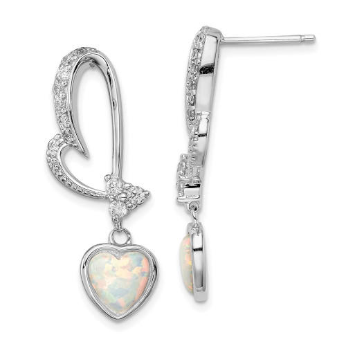 32mm Sterling Silver Rhodium-plated Created Opal and CZ Heart Earrings