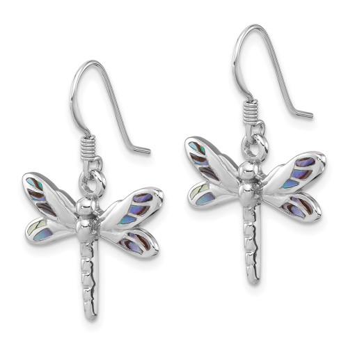 29.2mm Sterling Silver Rhodium-Plated Polished Abalone Dragonfly Earrings