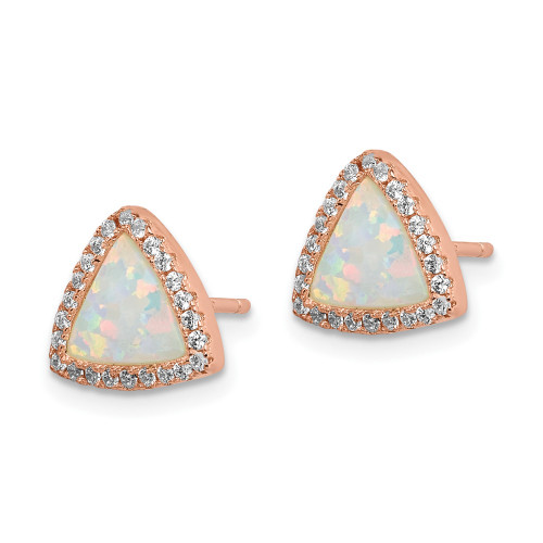 9.75mm Sterling Silver Pink Created Opal & CZ Halo Triangle Post Earrings