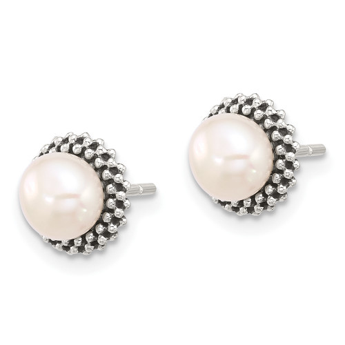 8.75mm Sterling Silver Antiqued Beaded Simulated Pearl Post Button Earrings