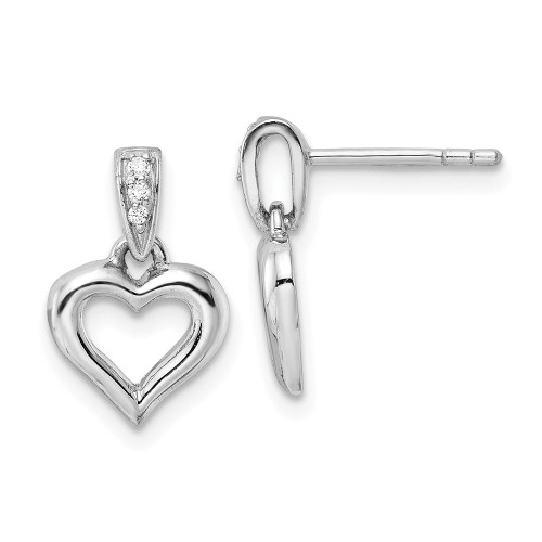 14.6mm Sterling Silver Rhodium-plated Polished CZ Heart Post Dangle Earrings