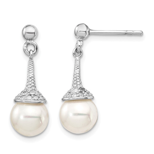 24mm Sterling Silver Rhodium-plated CZ and Simulated Pearl Dangle Earrings