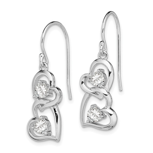 Sterling Silver Rhodium-plated CZ Heart Dangle Shepherd Hook Earrings