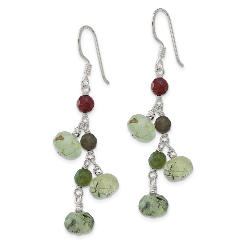 54mm Sterling Silver Polished Faceted Jasper and Prehnite Beads Dangle Earrings