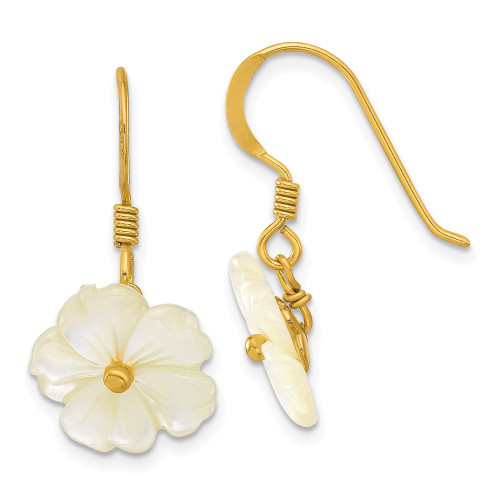 27.4mm Sterling Silver Gold-plated Polished Mother of Pearl Flower Dangle Earrings