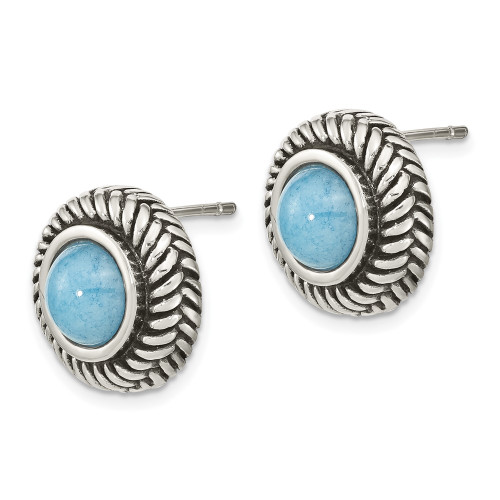 13.58mm Sterling Silver Polished & Antiqued Simulated Turquoise Circle Post Earrings
