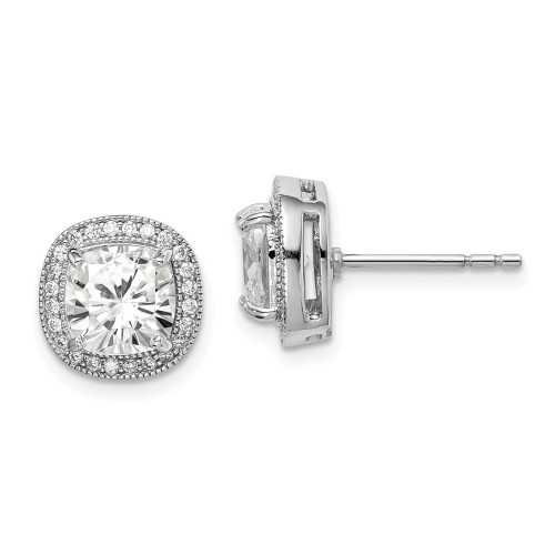 10.54mm Sterling Silver Rhodium-plated Polished & Textured 7mm CZ Halo Post Earrings