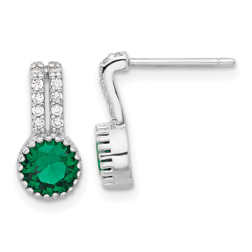13.3mm Sterling Silver Rhodium-plated Polished Two Row Green/White CZ Post Earrings