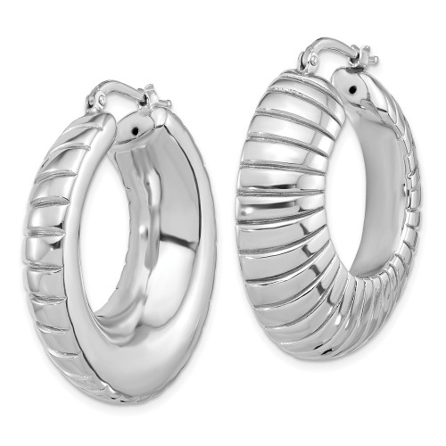 36.5mm Sterling Silver Rhodium-plated Polished and Striped Large Round Hoop Earrings
