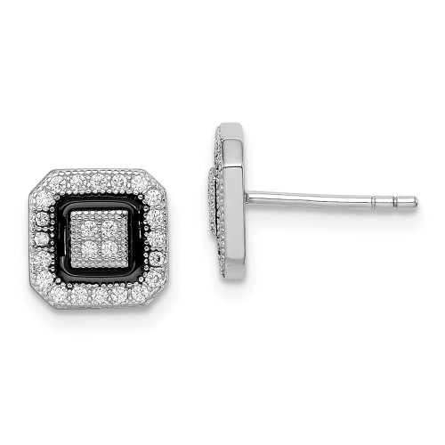 8mm Sterling Silver Rhodium-plated Black Enamel & Pave CZ Square Halo Post Earrings
