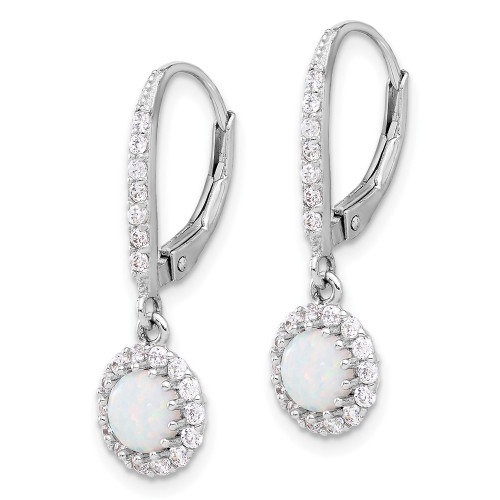 27mm Sterling Silver Rhodium-plated CZ & Created Opal Halo Dangle Leverback Earrings