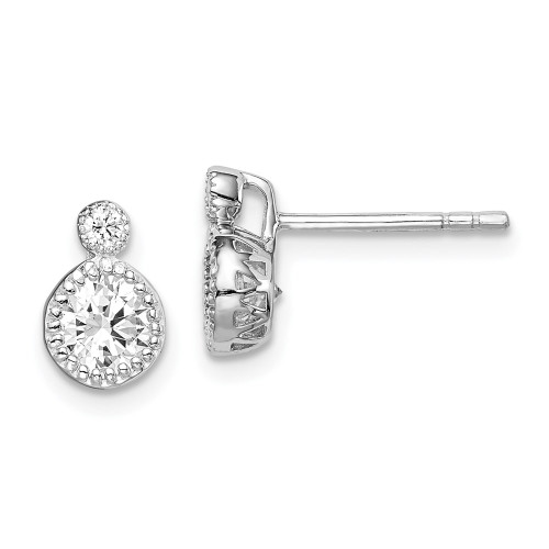 9mm Sterling Silver Rhodium-plated Polished & Beaded Double CZ Circle Post Earrings