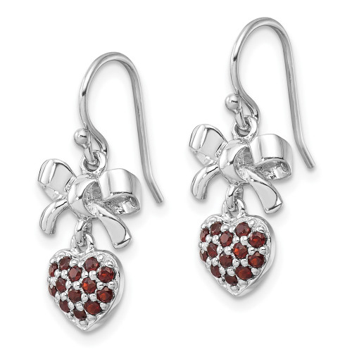 Sterling Silver Rhodium-plated Polished Garnet Heart/Bow Shepherd Hook Earrings