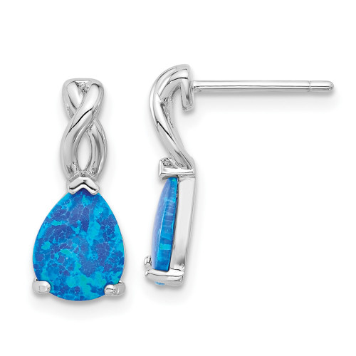 16.65mm Sterling Silver Rhodium-plated Polished Blue Created Opal Teardrop Post Earrings
