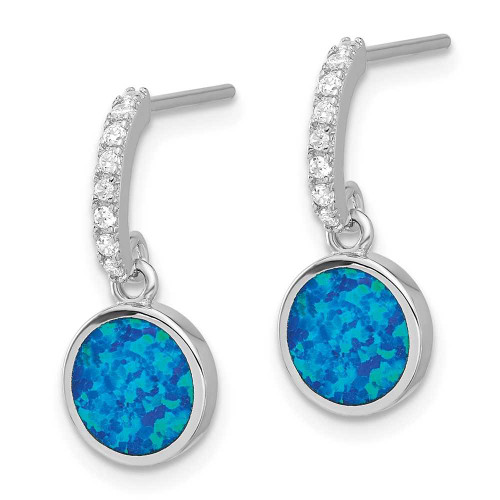 Image of 19.6mm Sterling Silver Rhodium-plated Polished CZ & Blue Created Opal Post Dangle Earrings