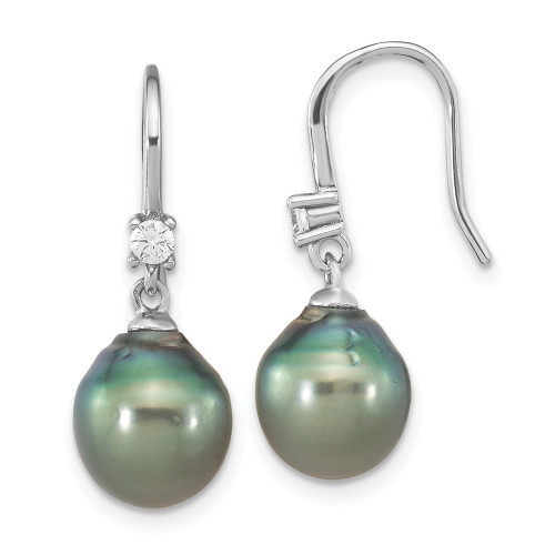 24.9mm Sterling Silver Rhodium-plated Polished 9-10mm Tahitian Cultured Saltwater Pearl & CZ Dangle Earrings
